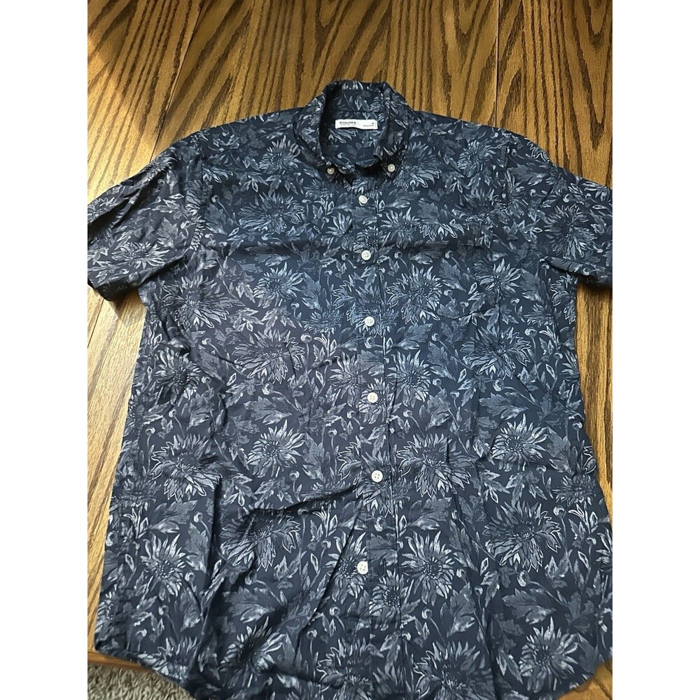 Sonoma Goods For Life Men's Floral Button-Up Shirt Blue Gray M Short Sleeve